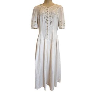 Sarah Elizabeth Vintage Beaded Embroidered Midi Dress Size 10 White Linen